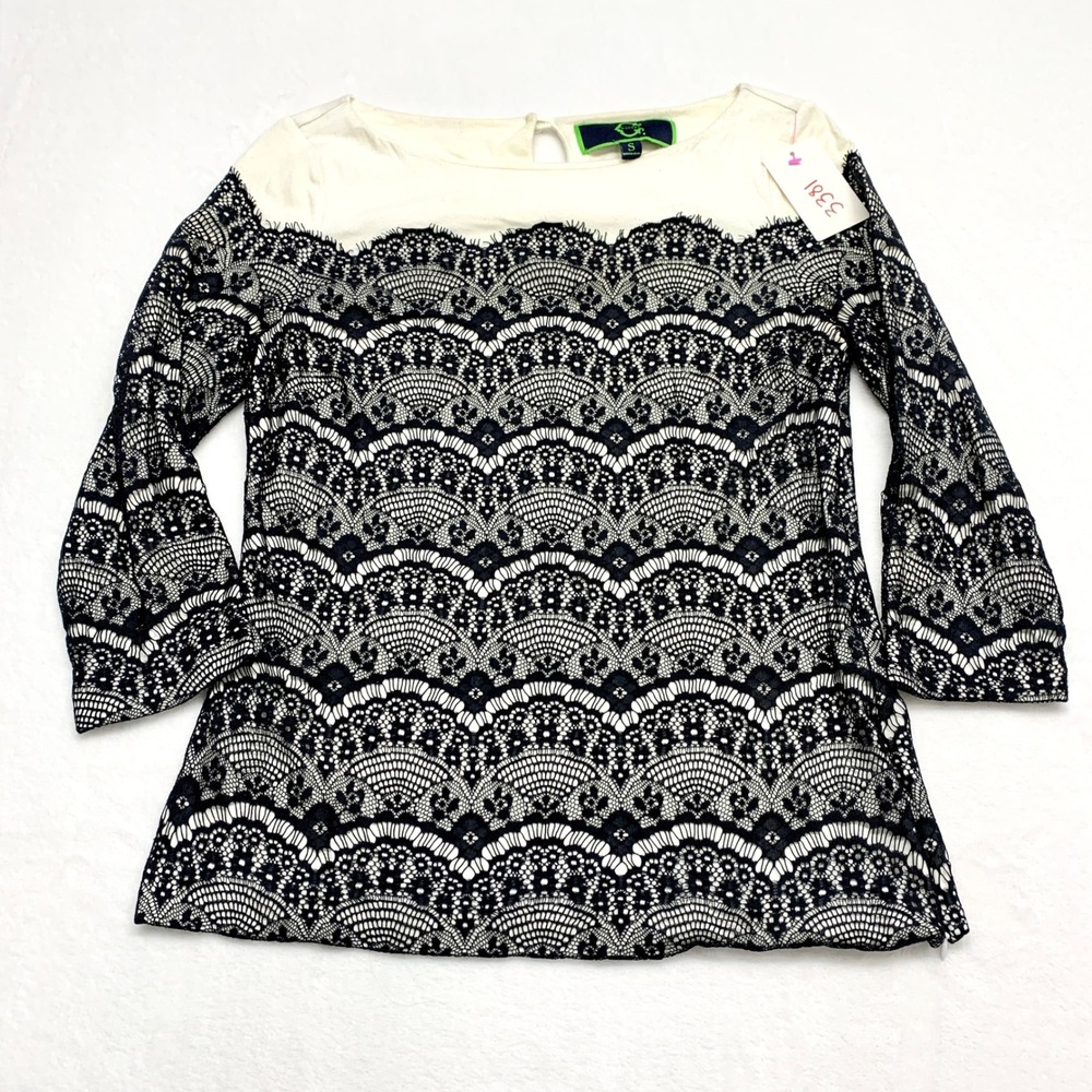 C. Wonder Black White Lace Overlay Top Women Sz S Crochet Scalloped Cotton Modal